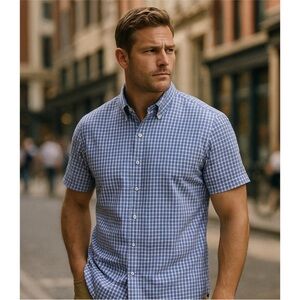 UNTUCKit Dante Men's Large Cotton Blue White Plaid Short‎ Sleeve Button Shirt